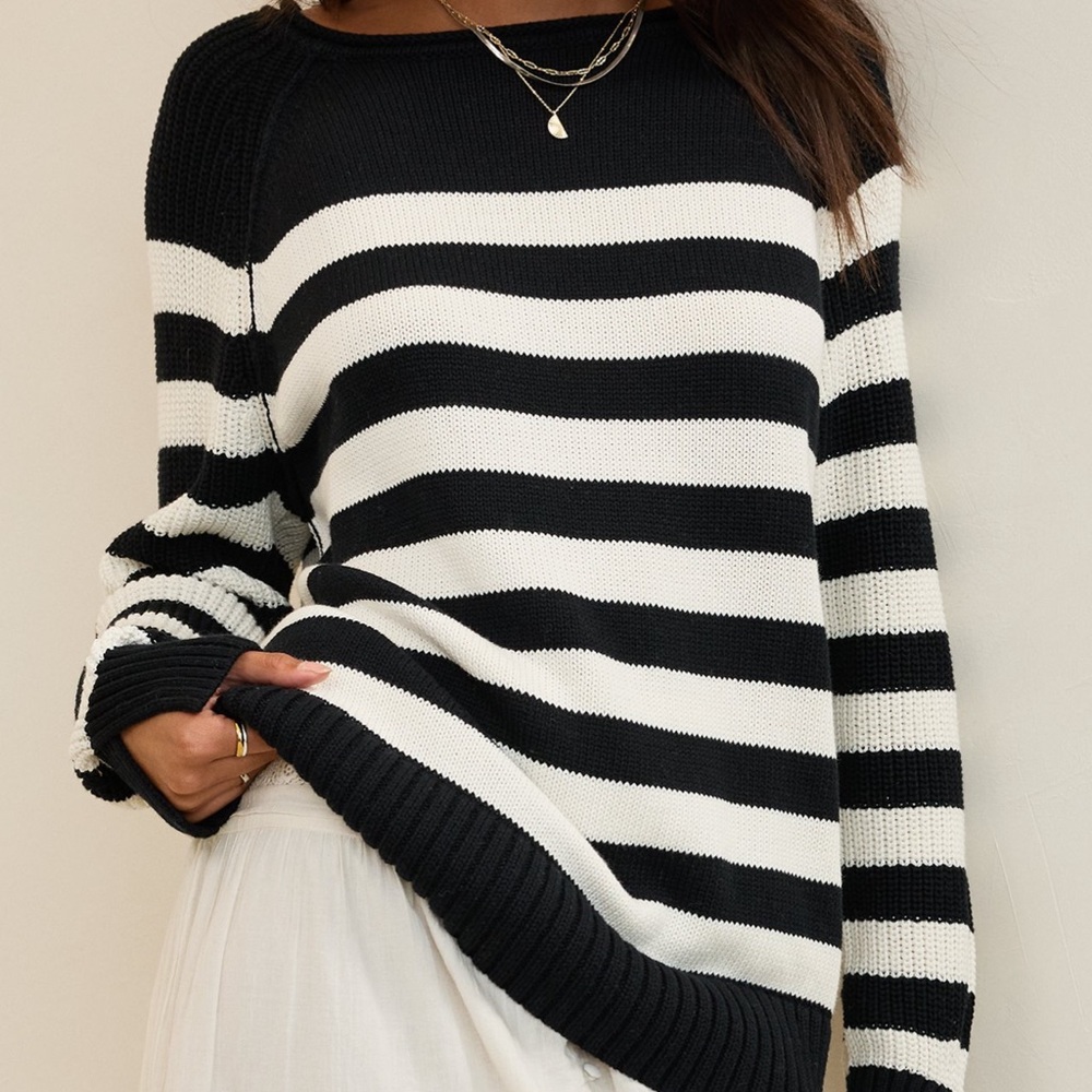Aerie Black and White Striped Crew Neck Sweater